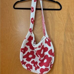 Floral Knit Shoulder Bag - Red and White